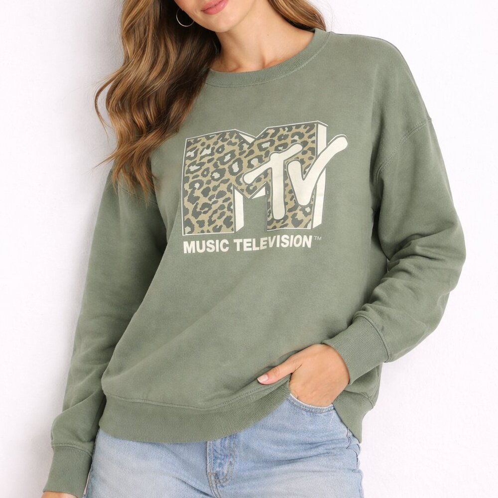 MTV Green Graphic Sweatshirt Leopard Logo | Retro Y2K‎ Vibes | Size Medium
